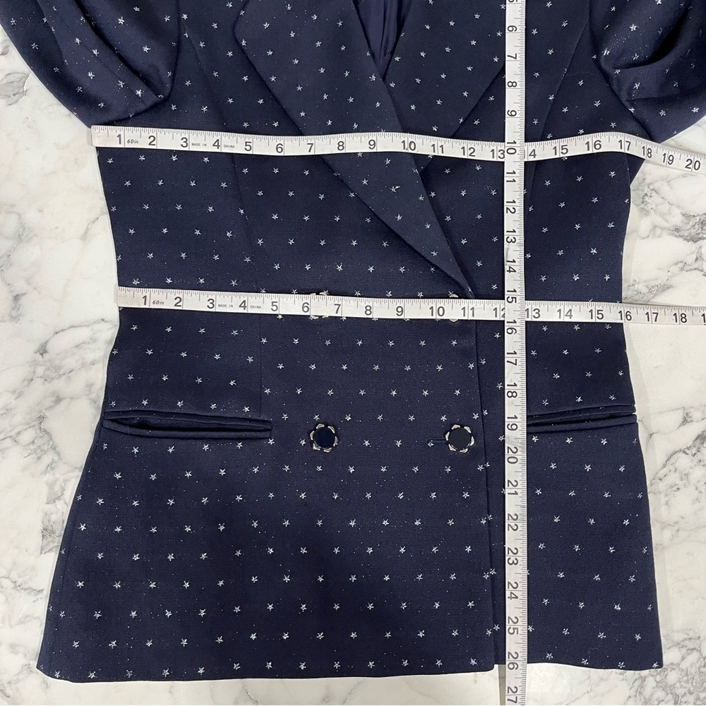 Escada navy blue double breasted wool skirt suit metallic silver star print - Picture 11 of 14